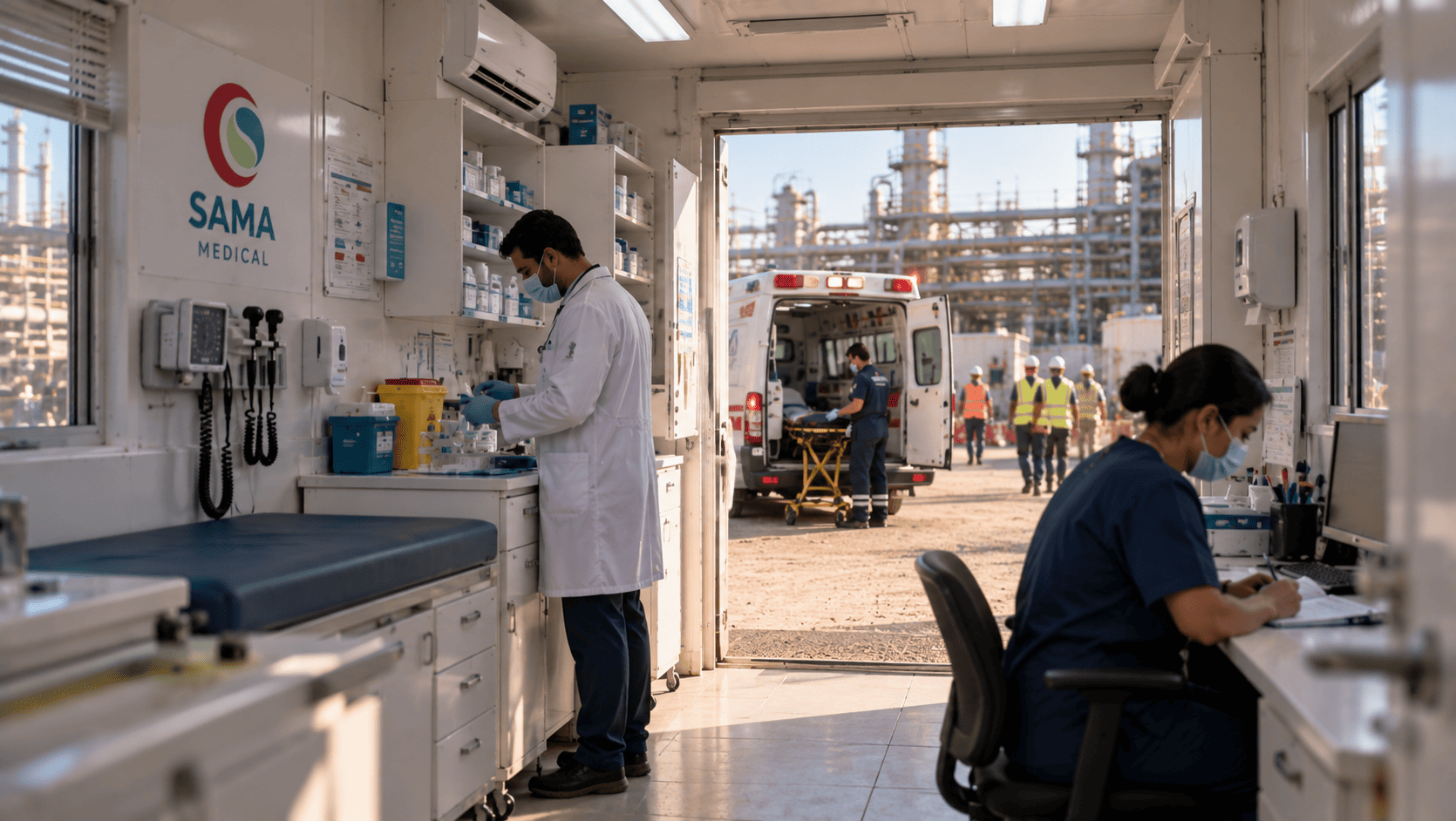 Complete On-Site Clinic, Staffing and Ambulance Support Sama Medical mobile clinic, healthcare staff and ambulance at an industrial site