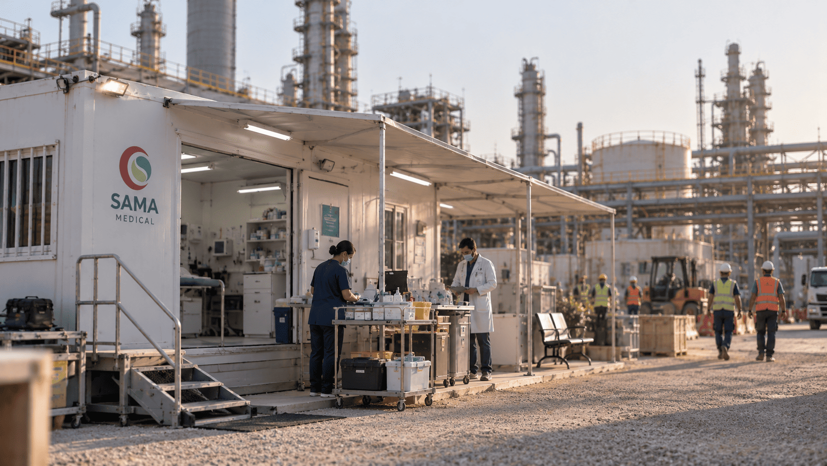 Scalable On-Site Healthcare for Short and Long-Term Projects Sama Medical mobile clinic providing ongoing healthcare at an industrial site